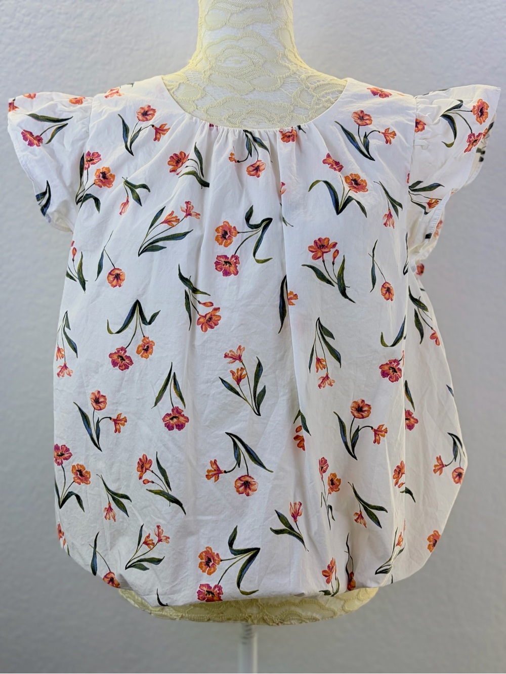 1. STATE Floral Bubble Hem Top Cotton Flutter Sleeve Cottagecore Blouse Large